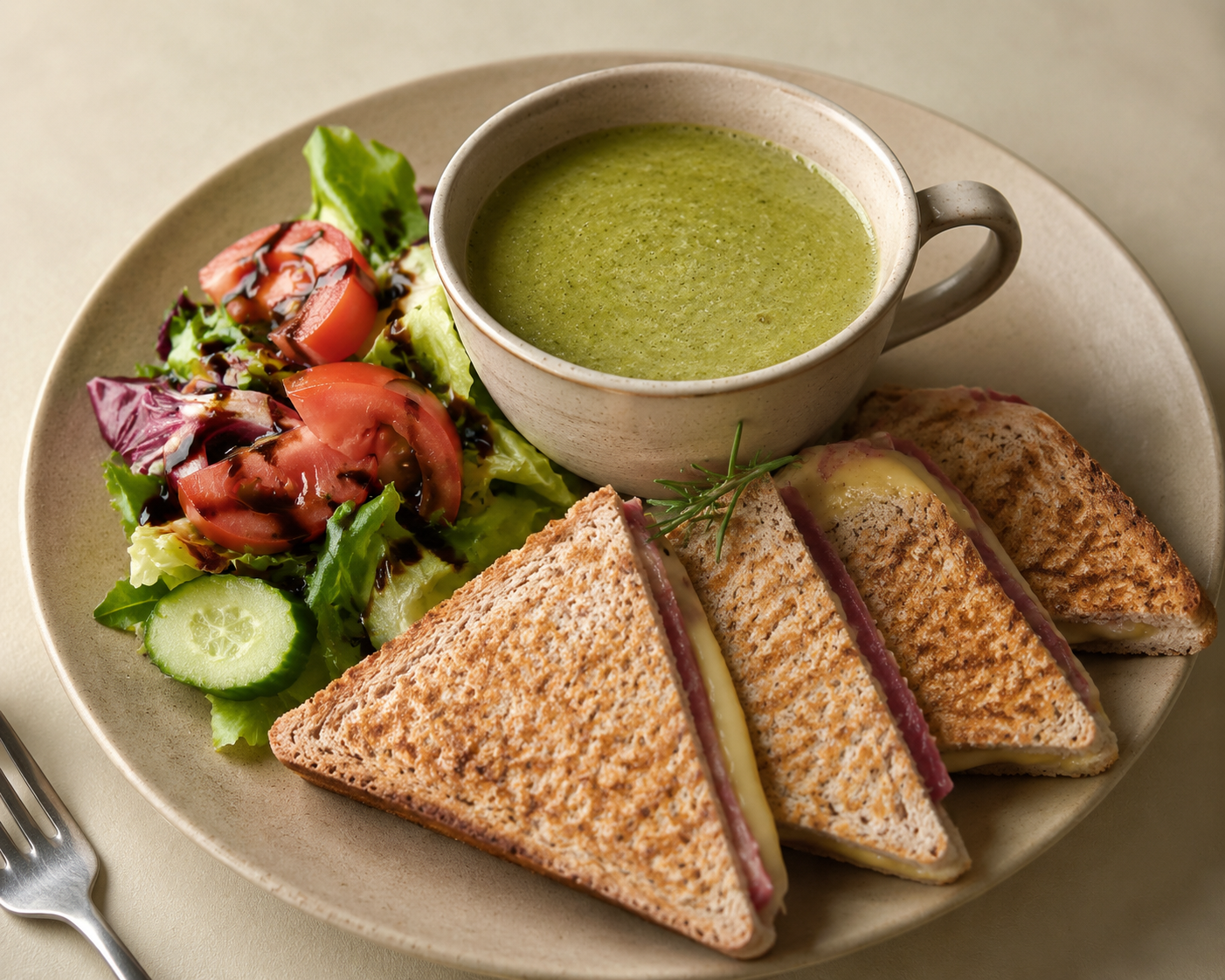 Soup with a toasted sandwich and salad