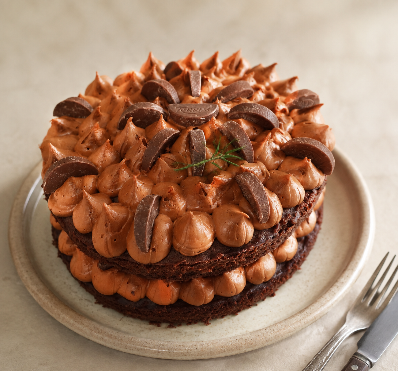 Chocolate cake on a handmade plate
