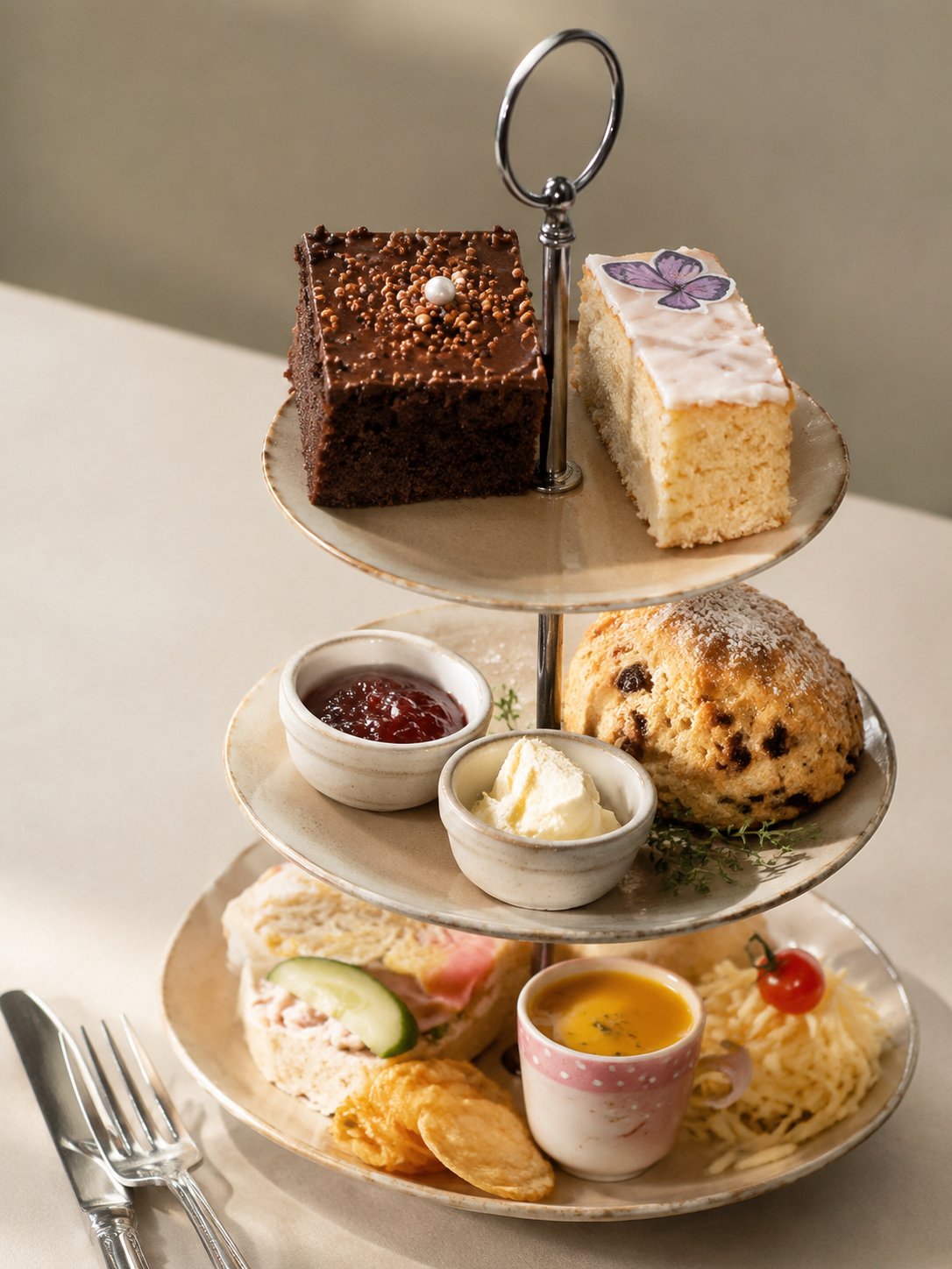 Afternoon tea stand with scones and cakes