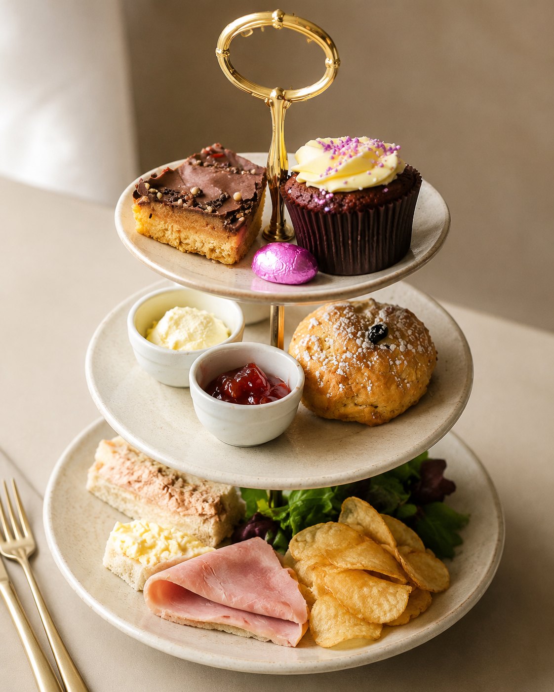 Afternoon tea with scone, cake and sandwich