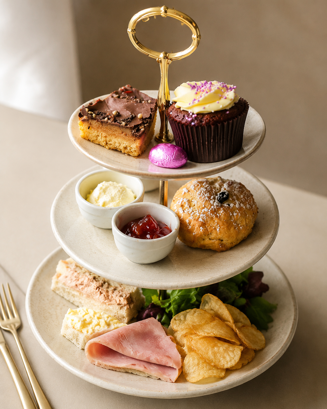 Afternoon tea with scone, cake and sandwich