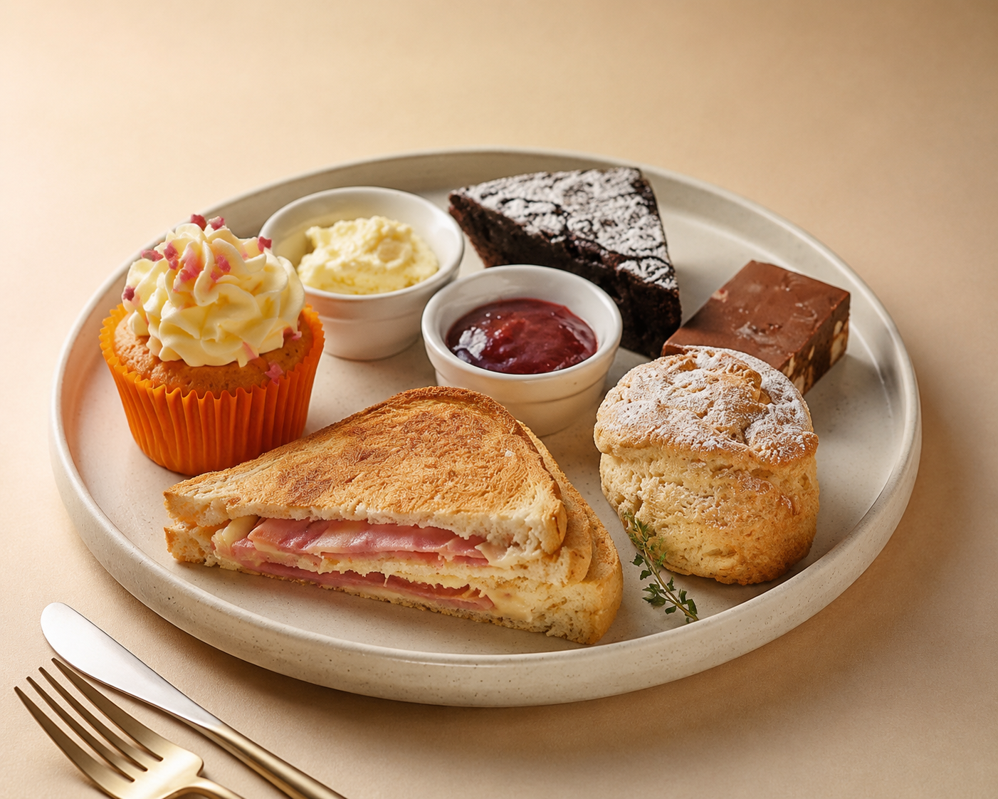Tea room plate with sandwich, cakes and cream